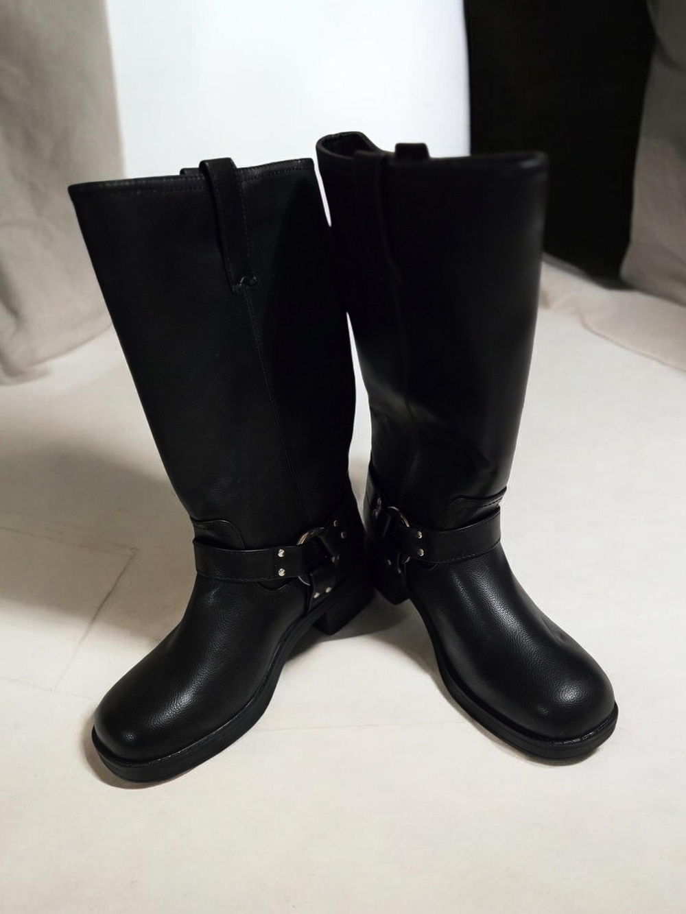 Women's Black Mid-Calf Harness Moto Boots Size 8 NWOB. Never Worn!